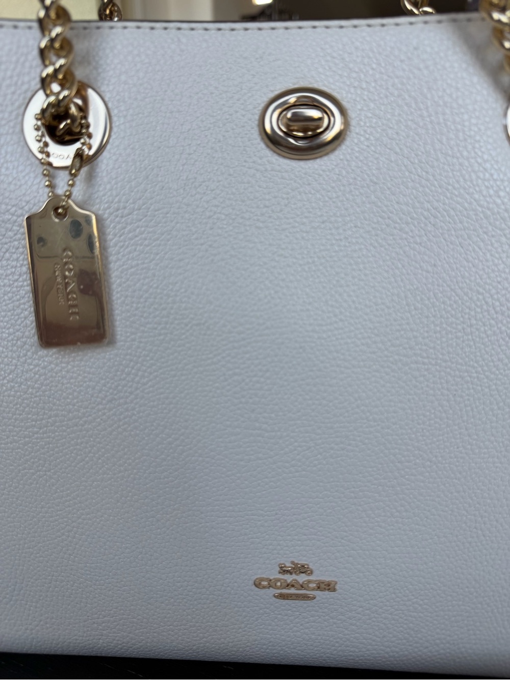 Coach White Pebble Leather Tote with Gold Chain Handles - Picture 2 of 11